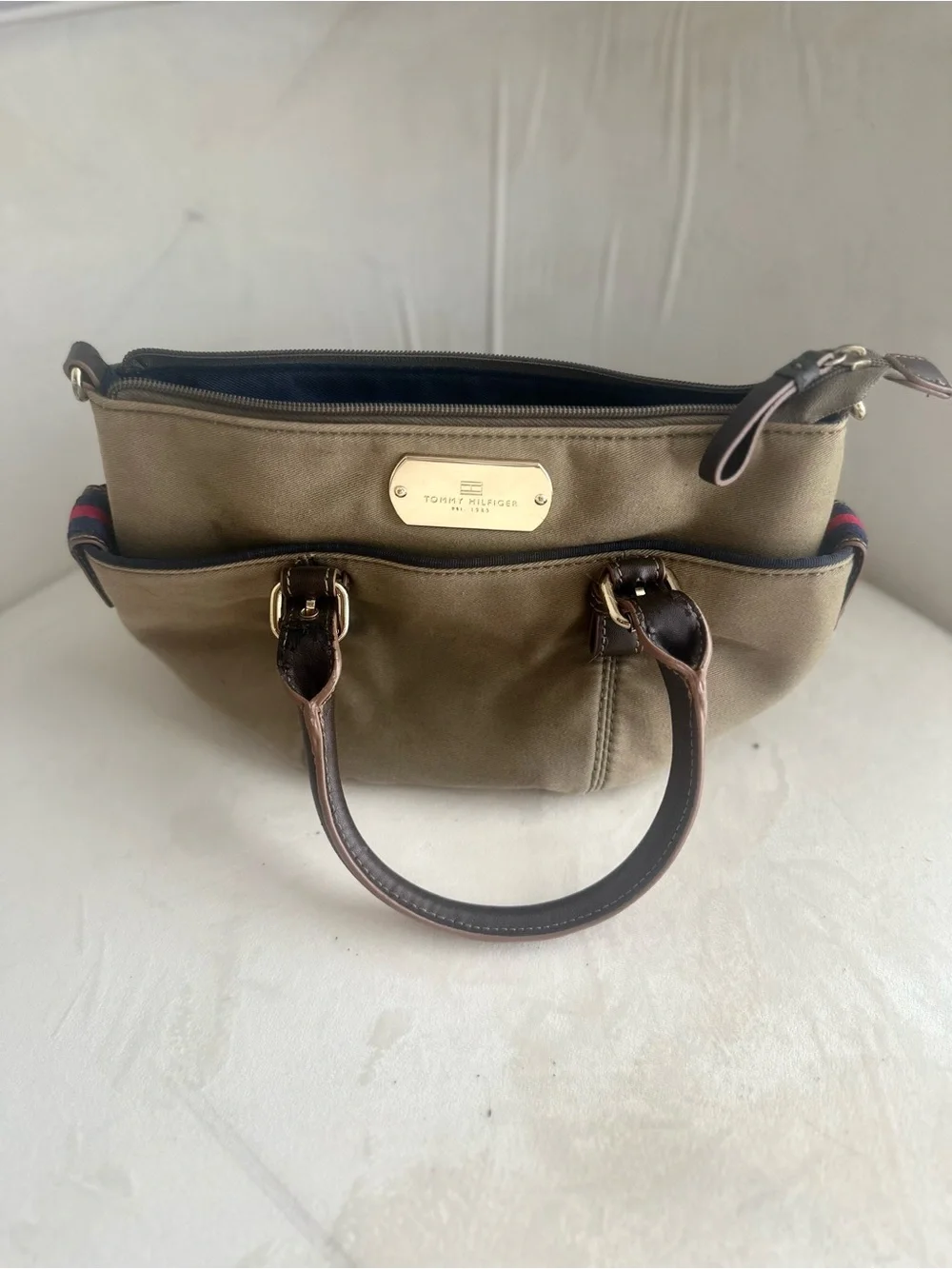 Tommy Hilfiger Olive Green Satchel with Dark Brown Handles & Gold Hardware